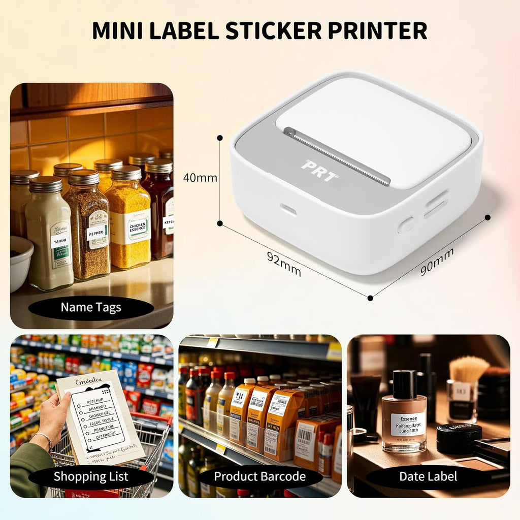 PRT Mini Sticker Printer, Portable Thermal Printer with 1 Roll Sticker Paper, Inkless Sticker Maker, Bluetooth Label Printer for Study Notes,Lists,Pictures,DIY Creations Small Printers for Home Use