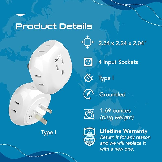 Ceptics Australia, New Zealand, China Travel Plug Adapter - 4 Input - Ultra Compact - Light Weight - USA to Any Type I Countries Such as New Zealand and More - 2 Pack (PT-16), White