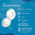 Ceptics Australia, New Zealand, China Travel Plug Adapter - 4 Input - Ultra Compact - Light Weight - USA to Any Type I Countries Such as New Zealand and More - 2 Pack (PT-16), White