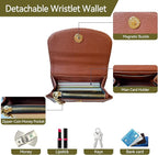 Clip and Go Strap for Phone with Wallet Metal Gold Chain Crossbody Phone Lanyard for Women Adjustable Detachable Wristlet Charm Small Purse Leather Card Holder Zipper with iPhone Stand 2 Patches Brown