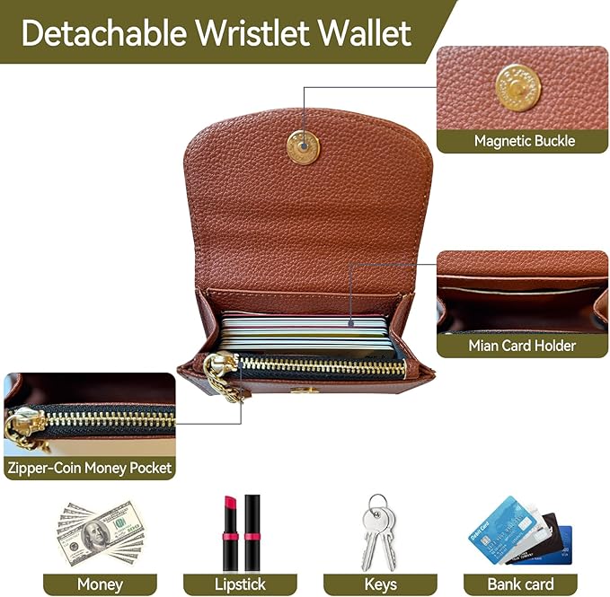 Clip and Go Strap for Phone with Wallet Metal Gold Chain Crossbody Phone Lanyard for Women Adjustable Detachable Wristlet Charm Small Purse Leather Card Holder Zipper with iPhone Stand 2 Patches Brown