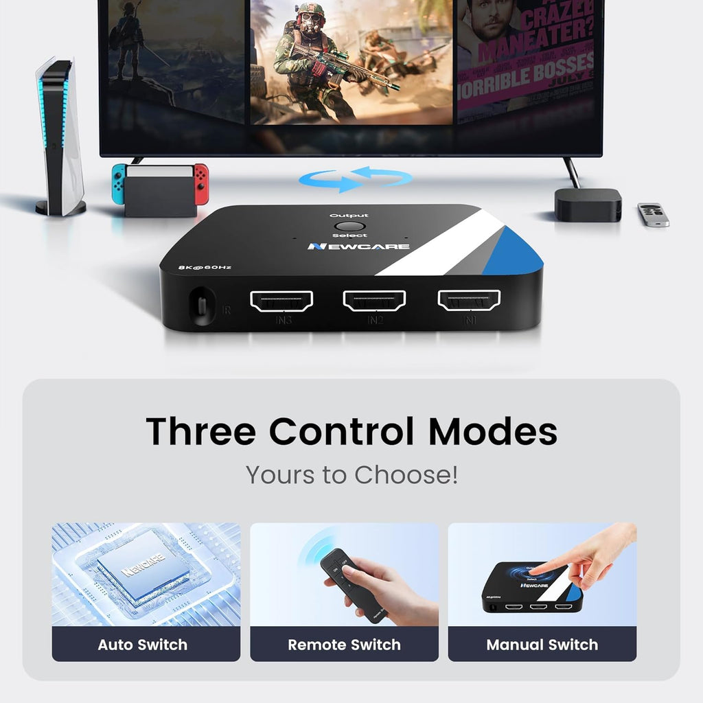 NEWCARE 8K HDMI Switch 3 in 1 Out, HDMI 2.1 Switch with Remote, HDMI Splitter 4K@120Hz Support 8K@60Hz HDCP2.3 HDR10+ VRR ALLM Dolby, HDMI Switcher Compatible with TV PS5/4 Xbox Laptops PC Projector