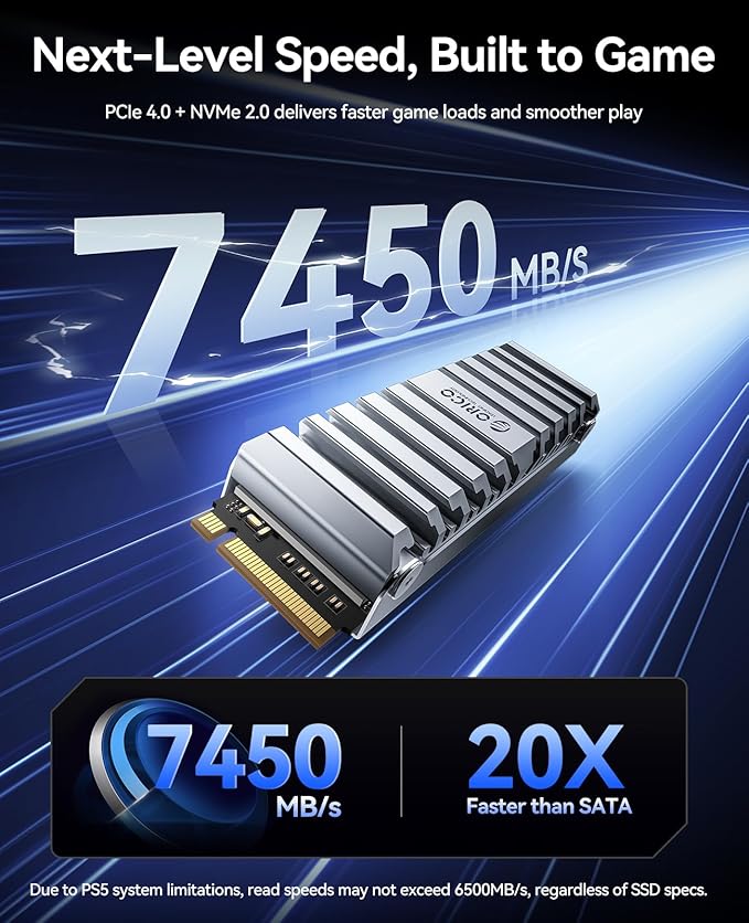 ORICO OS5 2TB M.2 SSD for PS5 Storage Expansion, M.2 PCIe 4.0 NVMe Gaming SSD with TLC NAND, 7450MB/s Read, Pre-Installed Heatsink Designed for PS5 Airflow, Ready for Direct Installation