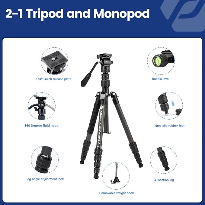 Fotopro 59" Carbon Fiber Travel Tripod, Compact Video Tripods with Fluid Head, Detachable Monopod with Quick Release Plate and Bag, Camera Tripod Load up to 8KG/17.63lbs