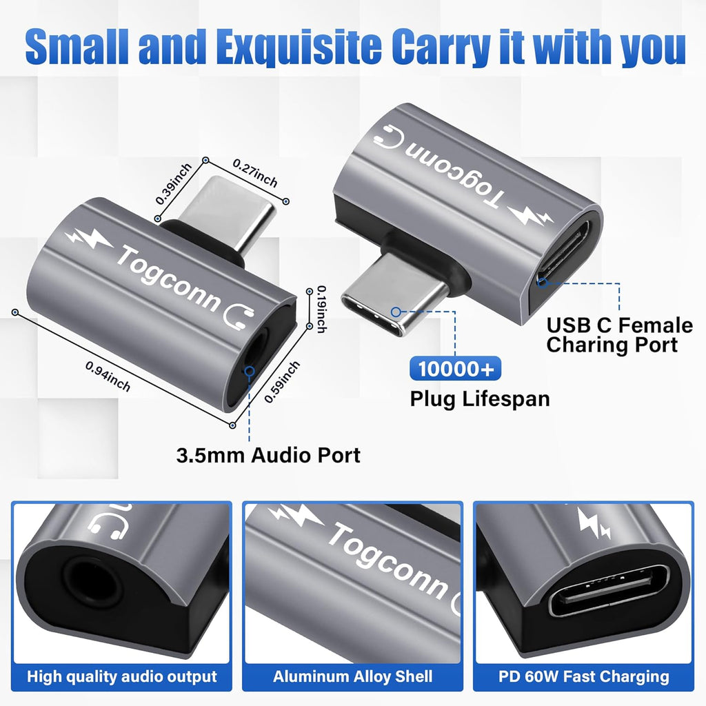 USB C to 3.5mm Aux Headphone and Charger Adapter Splitter, 2 in 1 USB Type C Male to Aux Audio Jack with PD 60W Fast Charge Port for iPhone 15 Pro Max, Galaxy S24/23 Ultra, iPad Pro, Pixel 8