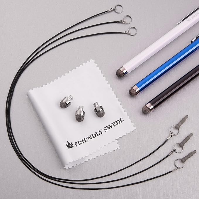 The Friendly Swede Mesh Tip Stylus Pen for Touchscreen — 3-Pack Micro-Knit Capacitive Stylus Pen for iPad & iPhone with 3 Replaceable Fiber Tips, Elastic Lanyards & Screen Cleaning Cloth