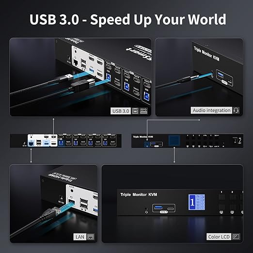 TESmart USB 3.0 HDMI KVM Switch 3 Monitors 4 Computers 4K@60Hz, Headset, Audio&Microphone, EDID emulators, Hotkey Switch, Wired Network, Rack-Ears, 4 Port Triple Monitor KVM Switch with All Cables