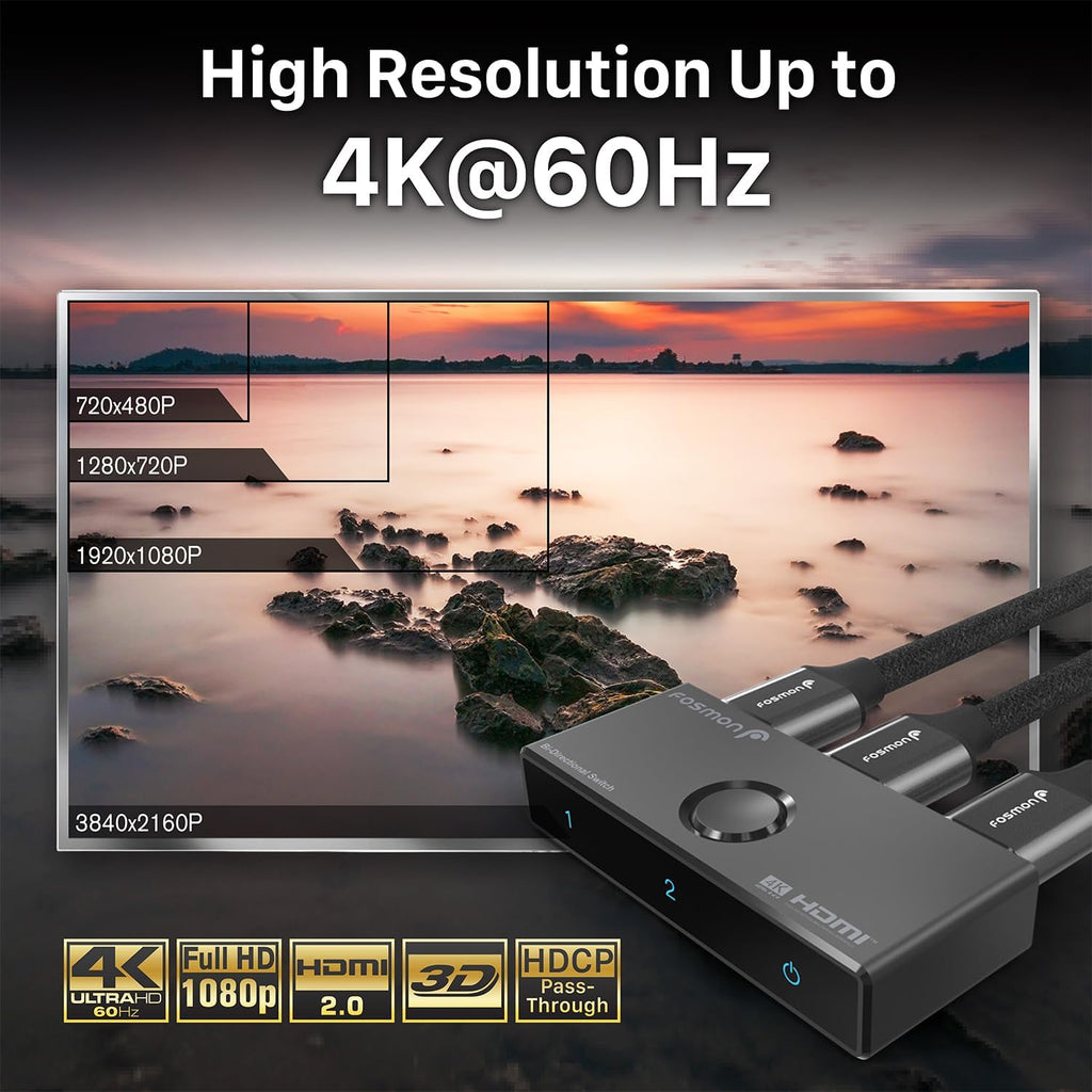 Fosmon 4K HDMI Switch 4K@60Hz, Bi-Directional 1 in 2 Out / 2 in 1 Out HDMI Switcher, High Speed 18Gbps Splitter Selector Compatible with PS5, PS4, Xbox, Roku, Apple TV, Fire Stick