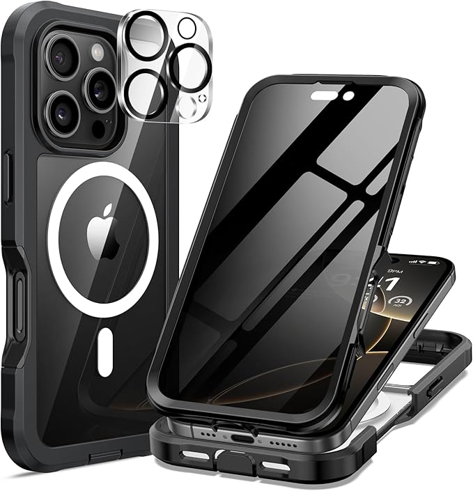 seacosmo for iPhone 16 Pro Case, Full Body Bumper with Built-in 9H Tempered Glass Privacy Screen Protector and Camera Lens Protector, Compatible with MagSafe, Shockproof Phone Cover, 6.3", Black
