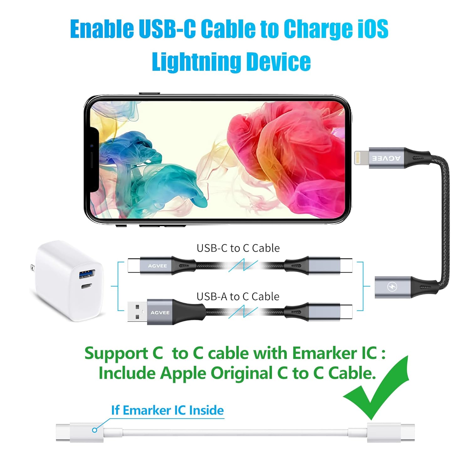 AGVEE 4 inch USB-C Female to Lightning Male Adapter, 30W Fast Charging Charger Converter for iPhone 14 13 12 11 Airpods iOS Device Carplay, Not for Audio, Dark Gray