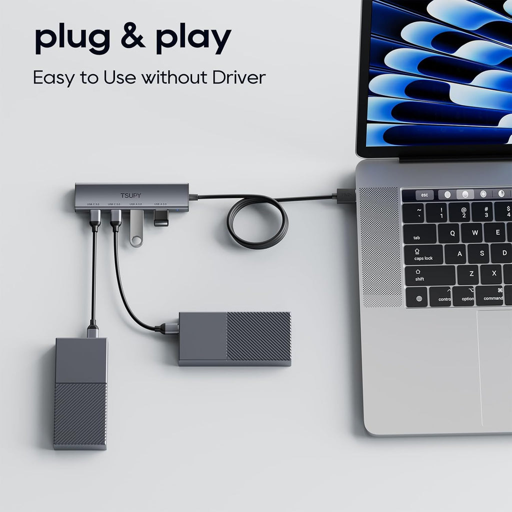 TSUPY Multi USB C USB A 3.0 Hub with 4FT Extended Cable,4 Ports Aluminium USB 3.0 Splitter,2 USB-C & 2 USB-A Ports USB Extender Hub for Laptop, PC, Flash Drive, Mobile HDD,Printer, Mouse, Keyboard