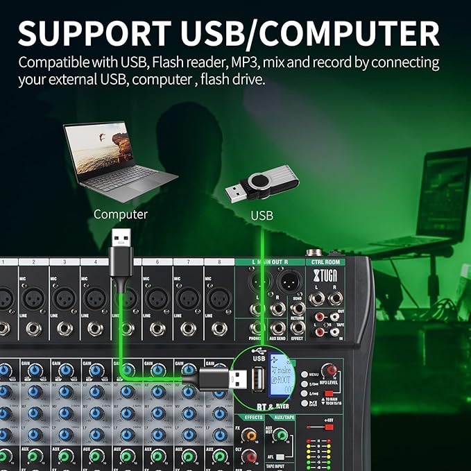 XTUGA 8 Channel Audio Mixer Sound Board Mixing Console, Audio Interface PC USB Bluetooth with 48V Phantom Digital Effect for DJ Live Recording Studio Karaoke(CT80)