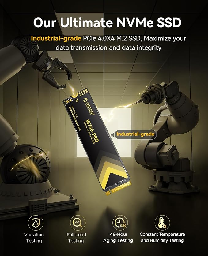 ORICO Industrial SSD 2TB M.2 NVMe SSD, PCIe 4.0 Drive with 7450MB/s Read Speed, TLC NAND, Advanced Data Security and Innovative Heatsink, for Industrial PC, Personal Laptop and PS5 - IG740PRO