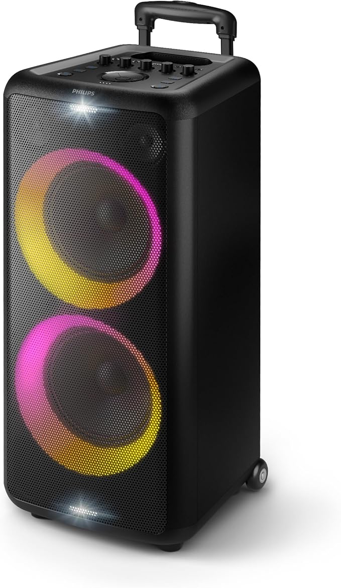 Philips X5206 bluetooth party speaker, portable with wheels, exciting light show, karaoke machine with microphone and Guitar Input, powerful bass & subwoofer, long playtime, perfect for outdoor events