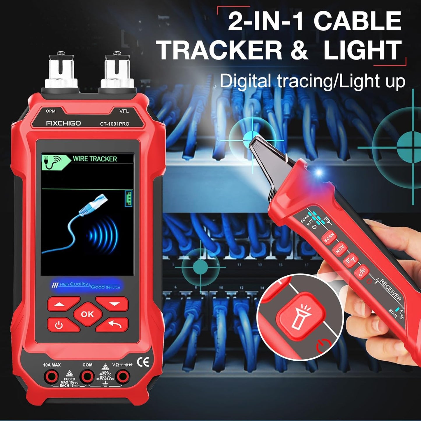 11 In 1 Network Cable Tester with 60000 Digit Multimeter 7 Wavelengths OPM 10Km/10mW VFL 600M Measurable Length 100 Records Tool Kit for CAT5 CAT6 Telephone Ethernet RJ11 RJ45 PoE Wire Tracer NCV, Red