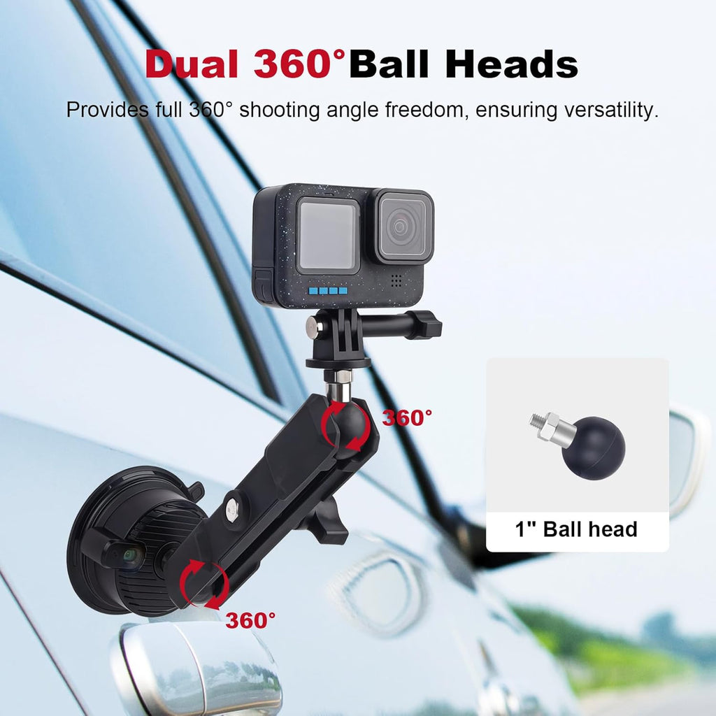 Camera Suction Cup Mount with Ball Head Magic Arm, Universal 360°Vacuum Suction Cup Mount for Action Cameras/GoPr0 Hero 13/DJI Osmo X4/Phone Holder on Car Windshield,Dashboard-Video Shooting,JC028