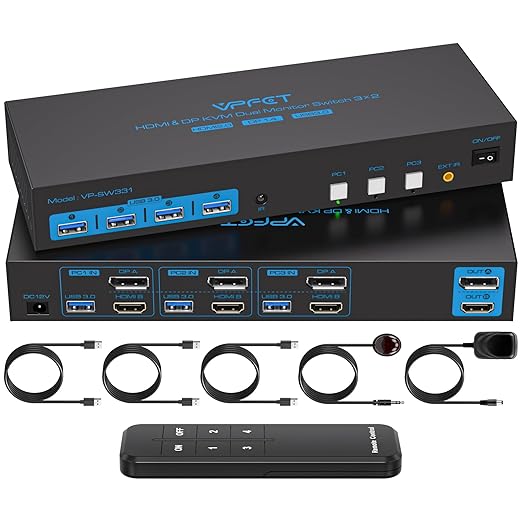 HDMI2.0+ Displayport1.4 KVM Switch 2 Monitors 3 Computers USB 3.0 KVM 8K & 4K Swicthes for 3 Computer Share Dual Monitor and 1 Set of Keyboard Mouse Printer and U Disk. Two USB Cables Included.