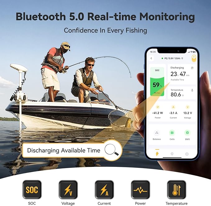 Power Queen 12V 125Ah Group 27 Bluetooth LiFePO4 Battery,1600Wh Energy Lithium Battery with Low-Temp Protection Max. 15000 Cycles for RV, Solar System, Trolling Motor