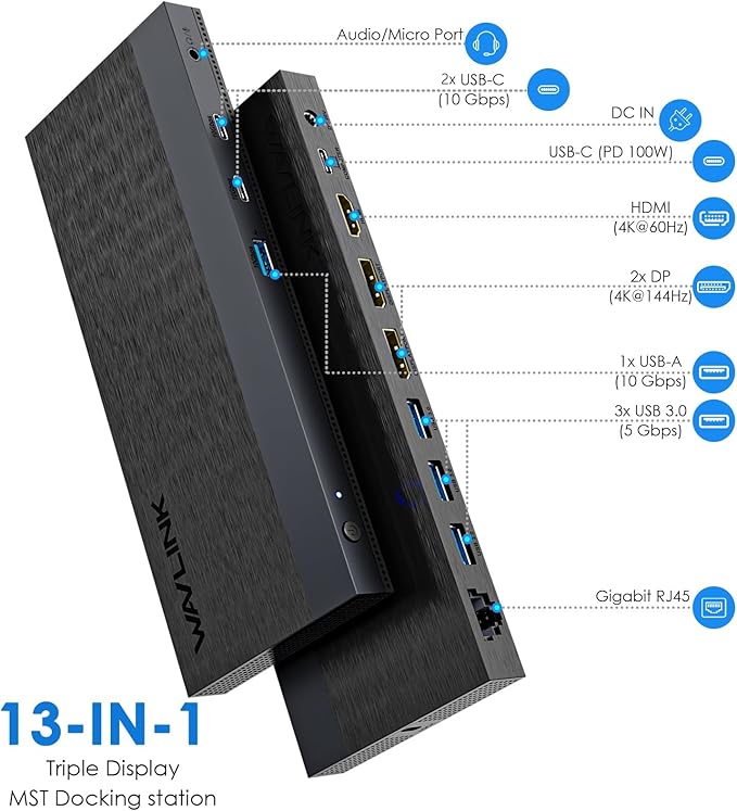 Laptop Docking Station, Docking Station 3 Monitors with 2* DP+HDMI, 130W PD Charger, USB-C/A 10Gb, 3* USB-A 5Gb, Audio, Gigabit Ethernet, TF/SD for Lenovo HP Dell, Windows System Computer