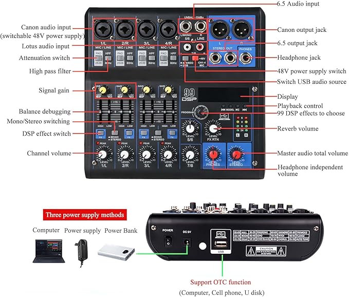 Dj Mixers 8 Channel Audio Mixer Sound Board with Bluetooth, Usb Audio Interface with Sound Card Recording and 48V Phantom Power Sounds Mixer Board with 99 DSP FX Reverb Delay Effect for Streaming