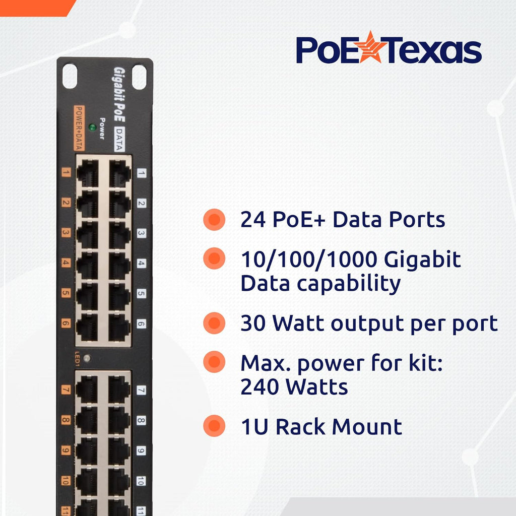 PoE Texas 24 Multi Port PoE+ Injector with 48v 240w Power Supplies - 10/100/1000 Gigabit Passive Power Over Ethernet Means Versatility - 30W PoE Injector for WiFi Access Point, PTZ Camera, IP Phone