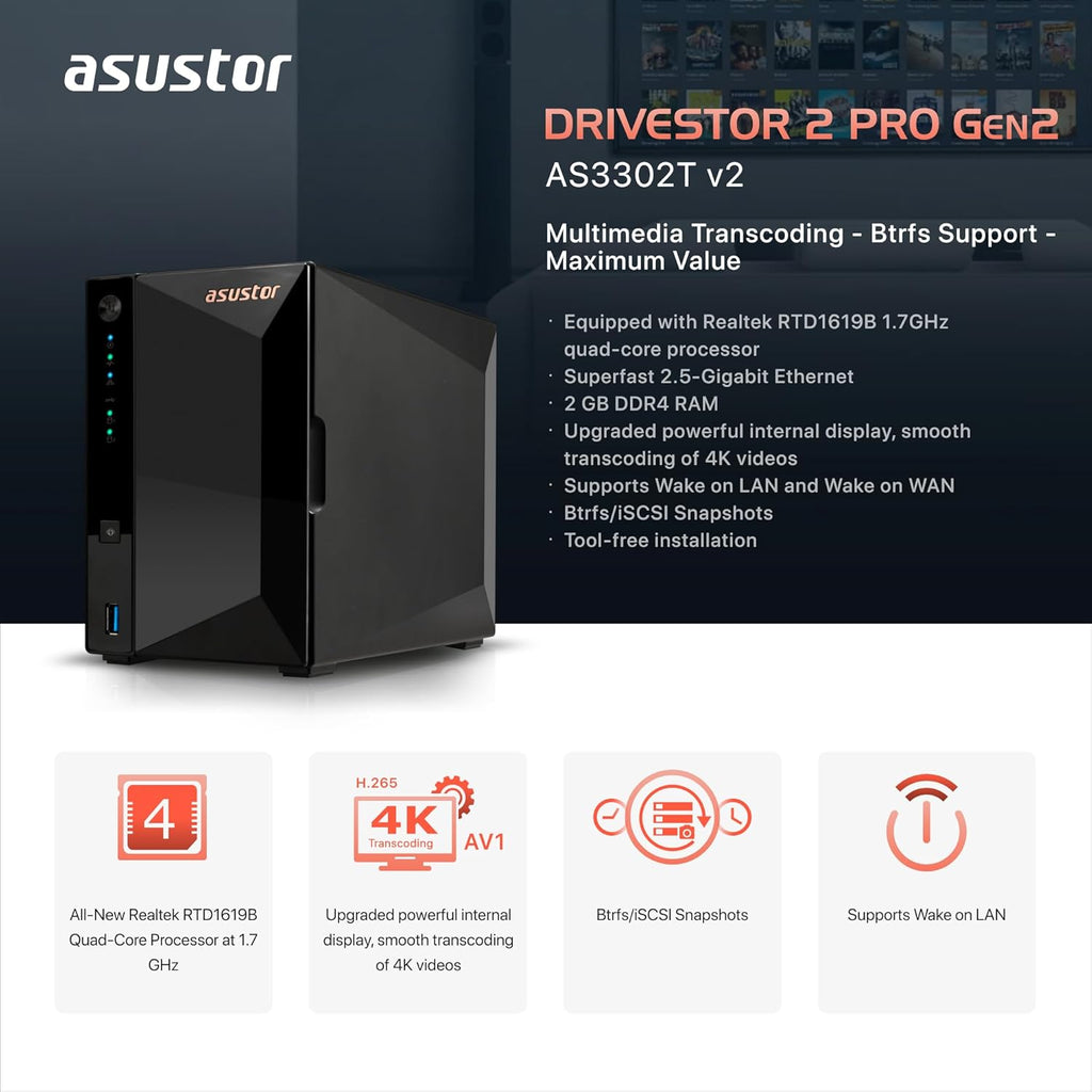 Asustor Drivestor 2 Pro Gen2 AS3302T v2, 2 Bay NAS, 1.7GHz Quad-Core, 2.5GbE Port, 2GB RAM DDR4, Small Home Media Server, Network Attached Storage Device (Diskless)