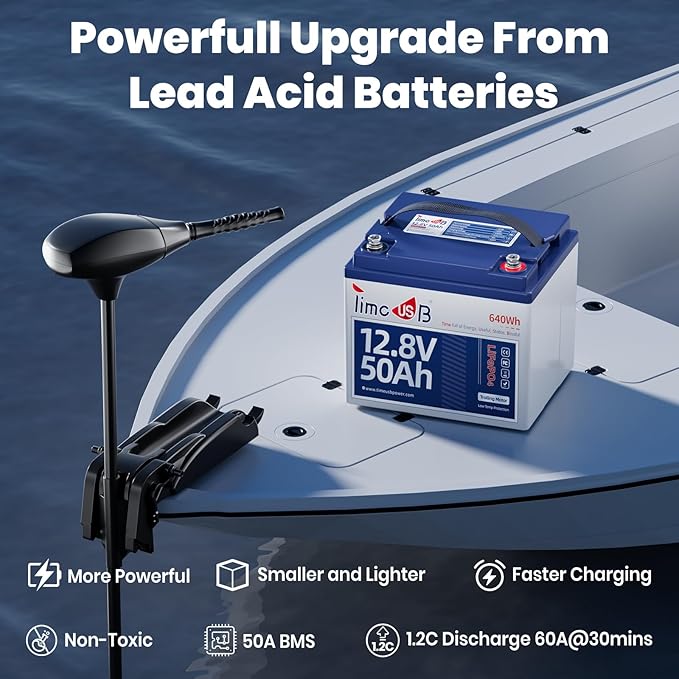 12V 50Ah TM LiFePO4 Battery with Low-temp Protection, 15000+ Cycles Battery with Grade A Cells, Built-in 50A BMS, Deep Cycle Lithium Battery Perfect for Trolling Motor, Kayak, RV,Camping