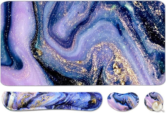 Keyboard Mouse Pad Set, Extended Mouse Pad+Keyboard Wrist Rest Support, Memory Foam Ergonomic Easy Typing, 3Pcs (35.4×15.7 in) Desk Pad Set for Home Office Study Game-Purple Marble