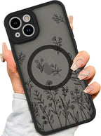 AIGOMARA Magnetic Case for iPhone 14 Plus [Compatible with MagSafe] Cute Black Flower Floral for Women Girls Soft TPU Bumper Hard PC Back Anti-Fall Shockproof Protective Slim Cover