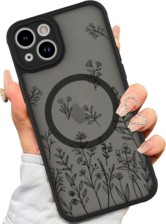 AIGOMARA Magnetic Case for iPhone 14 Plus [Compatible with MagSafe] Cute Black Flower Floral for Women Girls Soft TPU Bumper Hard PC Back Anti-Fall Shockproof Protective Slim Cover