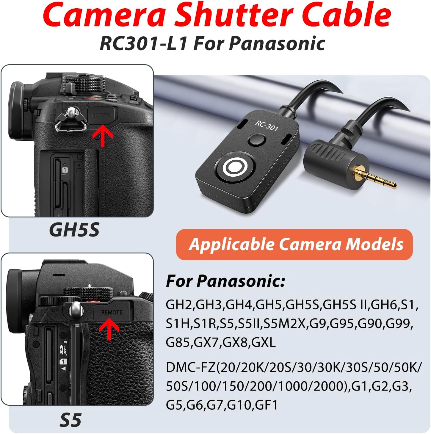 for Leica V-lux114 Cable/for Panasonic Genera Shutter Cable s5 ii S5M2XS GH4 GH5 /6 g85 g9 Remote Camera Small Shutter Release Remote Control V-lux2,V-lux3,V-lux4,V-lux5,V-lux114(RC301-L1 30cm)