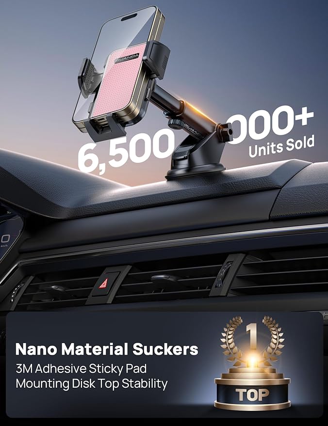 [2025 New] Dashboard Phone Holders for Your Car (+Air Vent Clip) [Military Grade Stable] , Car Cell Phone Holder, Rotatable Suction Cup Car Phone Mount for All Phone (Pink)