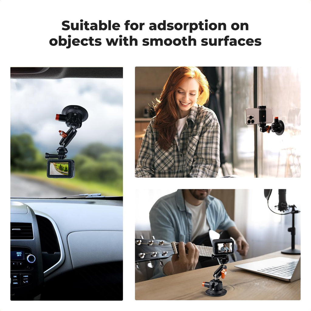 K&F Concept 3" Suction Cup Mount with 360° Double Ball Head Magic Arm, 1/4" Screw Threads, Quick Release Car Mount Compatible with DJI Insta360 for Action Camera Phone Video