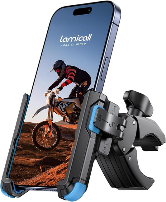Lamicall Motorcycle Bike Phone Mount - [1s Quick Release] Bike Cell Phone Holder Clip, Bicycle Scooter Handlebar Clamp, for iPhone 16 15 14 Pro Max, Galaxy S25 S24 Ultra, 4.7-7" Phones, Blue