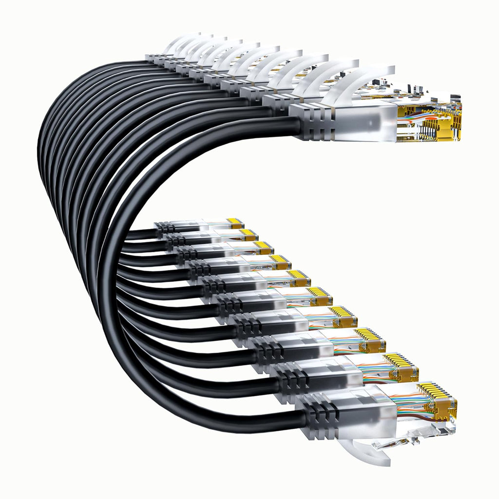 Cat6a Patch Cables 1ft (10 Pack) Slim, Cat6 Ethernet Patch Cable Pure Copper, Flexible Cat 6 Patch Cable 550MHZ 10G, Space-Saving Cat 6A Network Cables for Patch Panel, Black