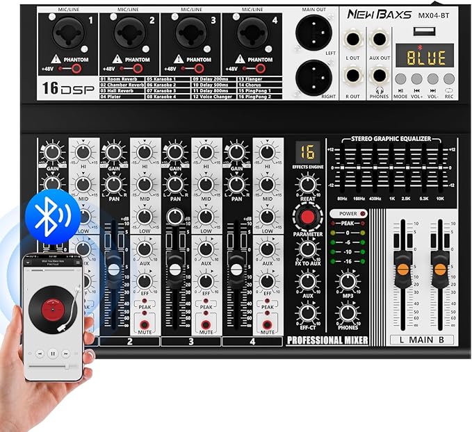 Professional Audio Mixer, 4 Channel Audio Interface Sound Board Mixing Console System Monitor, NEW BAXS 16-Bit DSP DJ Bluetooth Mixer +48V Phantom Effect For Karaoke Studio Streaming Recording