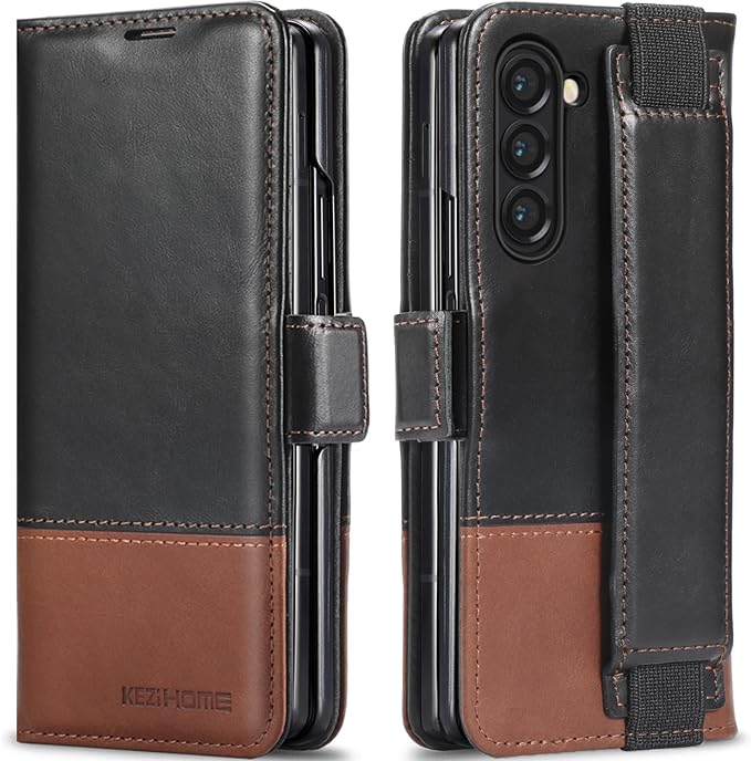 KEZiHOME for Samsung Galaxy Z Fold 6 Case, Genuine Leather Wallet Case [RFID Blocking] with Card Slots Stand Flip Protective Phone Cover Compatible with Galaxy Z Fold 6 5G (Black/Brown)