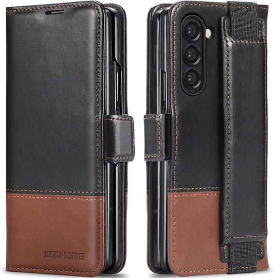 KEZiHOME for Samsung Galaxy Z Fold 6 Case, Genuine Leather Wallet Case [RFID Blocking] with Card Slots Stand Flip Protective Phone Cover Compatible with Galaxy Z Fold 6 5G (Black/Brown)
