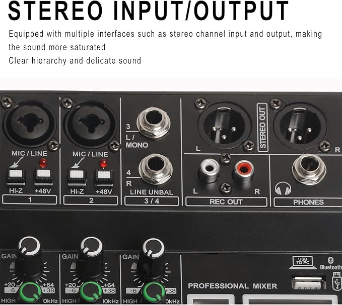 Dj Mixers, 4 Channel Audio Mixer, Sound Board with Bluetooth Player, Usb Audio Interface with 48V Phantom Power, Sounds Mixer Board with 99 DSP FX Reverb Delay Effect