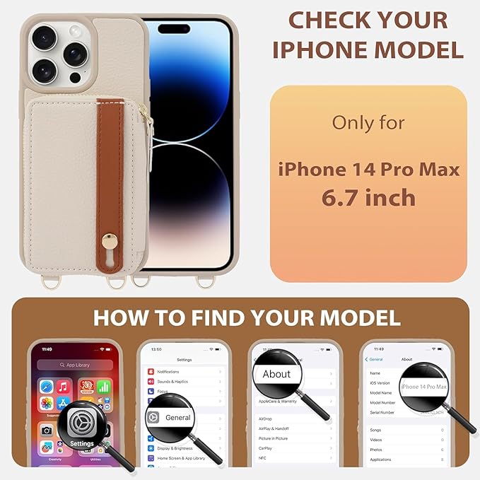 LAMEEKU for iPhone 14 Pro Max Wallet Case with Card Holder, Zipper Leather Crossbody Case with Kickstand Lanyard for Women, Cover with Phone Grip Holder Stand for Apple iPhone 14 Pro Max 6.7" Beige
