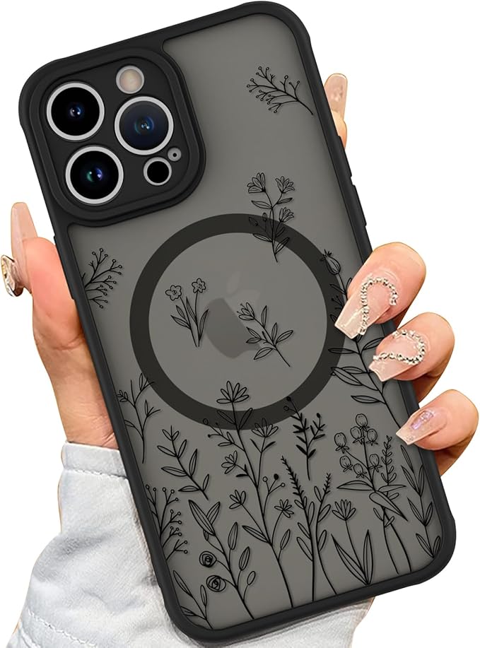 AIGOMARA Magnetic Case for iPhone 14 Pro Max [Compatible with MagSafe] Cute Black Flower Floral for Women Girls Soft TPU Bumper Hard PC Back Anti-Fall Shockproof Protective Slim Cover