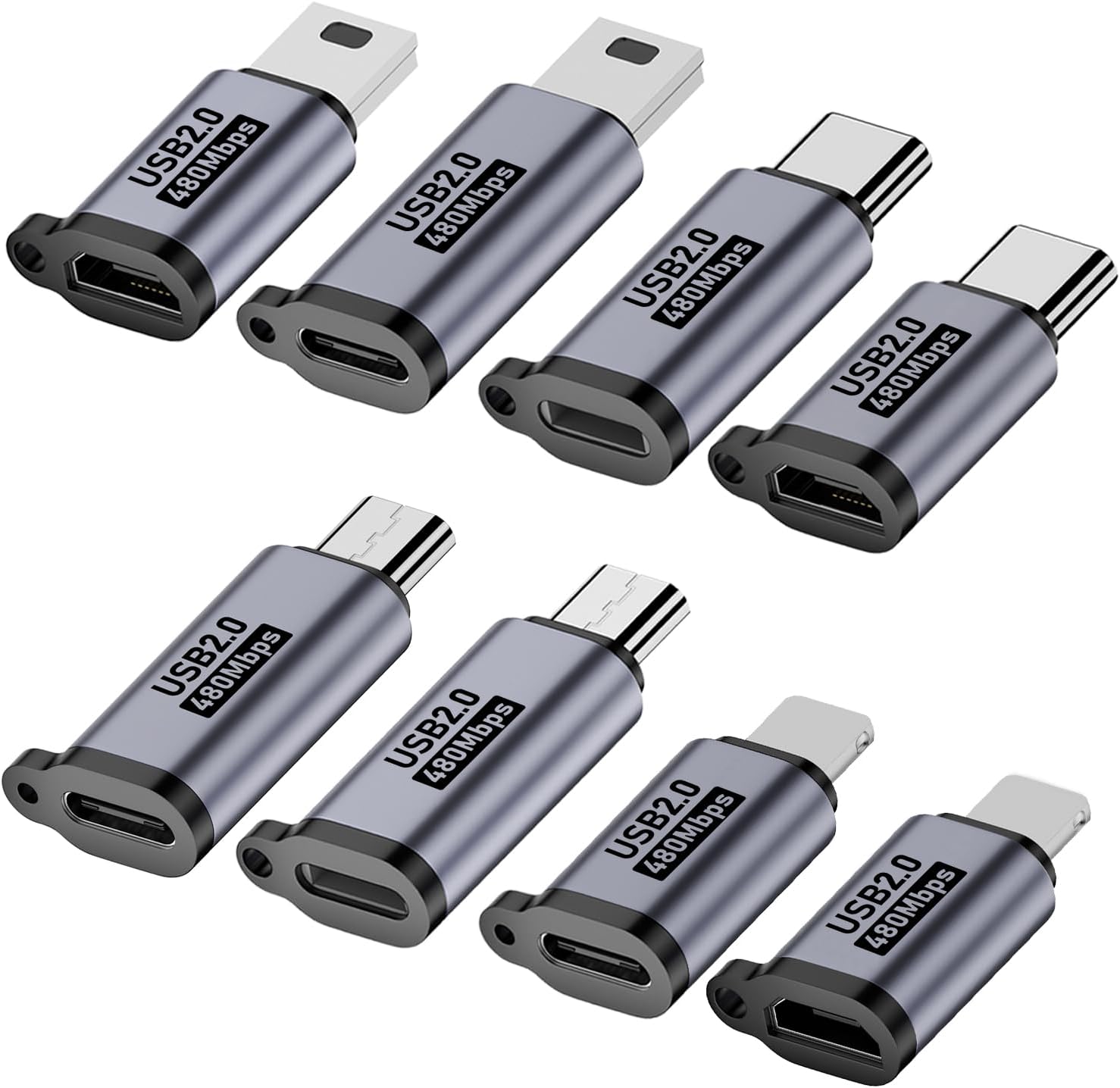 USB C/Lightning to Micro USB Adapter, Type C to Lightning Converter, USB C to Mini USB Connector (8 Pack)