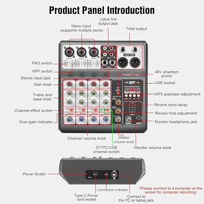 Aveek Professional Audio Mixer, Sound Board Mixing Console with 5 Channel Digital USB Bluetooth Echo Delay Effect, Input 48V Phantom Power Stereo DJ Mixers for Recording, Live Streaming, Podcasting