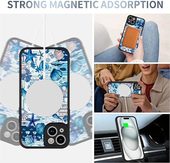AIGOMARA Magnetic Case for iPhone 15 [Compatible with MagSafe] Blue Shell Starfish Ocean Holiday Collage for Women Girls Men Soft TPU Bumper Hack PC Back Heavy Duty Protective Slim Cover