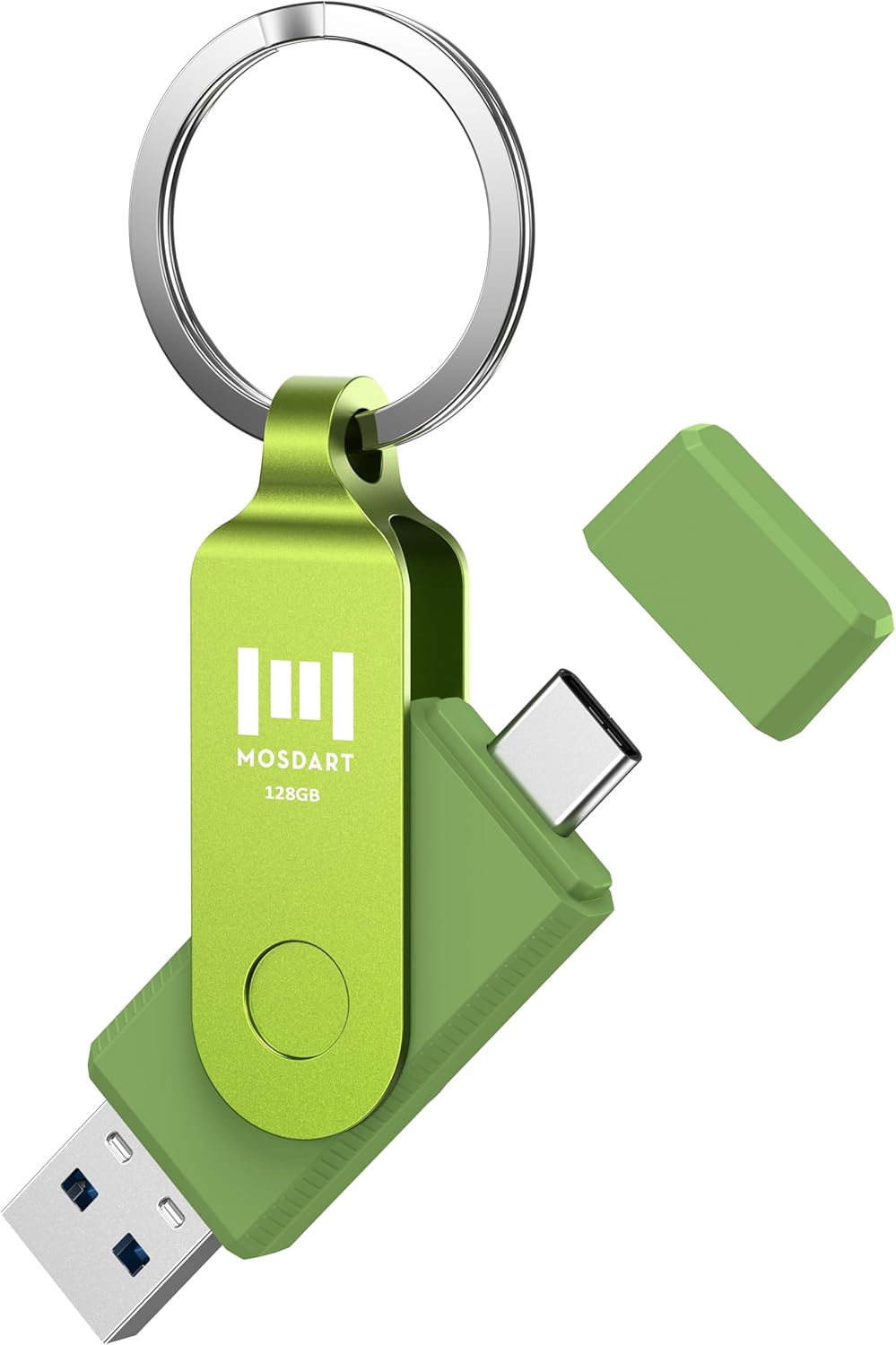 MOSDART 128GB USB3.1 Fast Speed C and A Dual Flash Drive, exFAT Memory Stick with Keychain and LED Indicator, for iPhone 15 and 16, Android Phone, iPad, MacBook, and Other Laptops, Green
