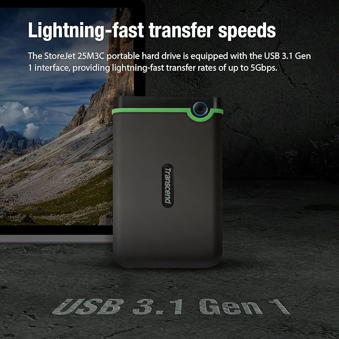 Transcend 2TB SJ25M3C, USB 3.1 Portable Hard Drive Rugged, Anti-Shock Resistant, Compact and Lightweight with Lightning-Fast Speeds, One Touch Backup Button, Type C, Iron Grey - TS2TSJ25M3C