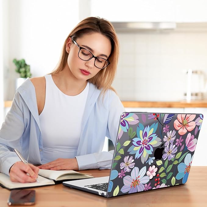 Teryeefi for MacBook Air Case 15 inch M4 M3 M2 Chip (2025 2024 2023 Release) A3241 A3114 A2941 Model with Keyboard Cover + Type C Adapter for MacBook Air 15, Pretty Flowers Black-104