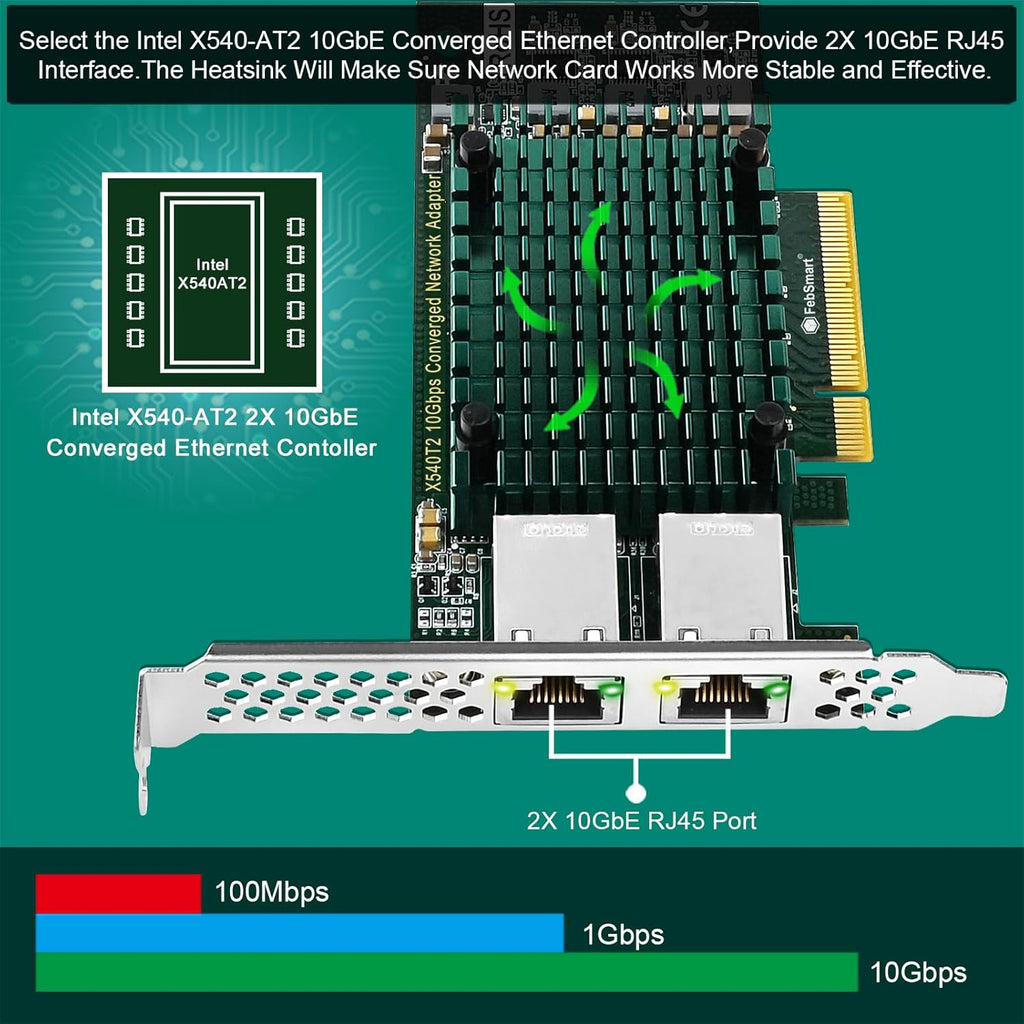 PCIE X8 Interface to 2X 10Gbps RJ45 Ports Network Adapter, Intel X540-AT2 Ethernet Controller, 2X 10GbE RJ45 Interface PCIE NIC Card, PCI Express 10GbE Converged Network Adapter (X540T2)