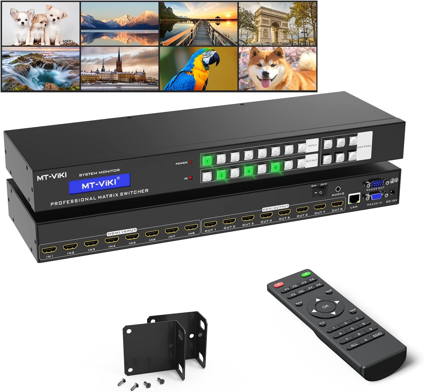 MT-VIKI 4K HDMI Matrix Switch 8X8 w/Web GUI & 3.5mm Stereo Audio w/IR Remote, 4K@30Hz, Rack Mount Switcher & Splitter, EDID, RS232, LAN Port, APP