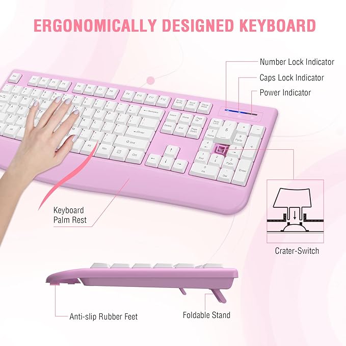 Wireless Keyboard and Mouse Combo, EDJO 2.4G Full-Sized Ergonomic Computer Keyboard with Wrist Rest and 3 Level DPI Adjustable Wireless Mouse for Windows, Mac OS Desktop/Laptop/PC(White Pink)